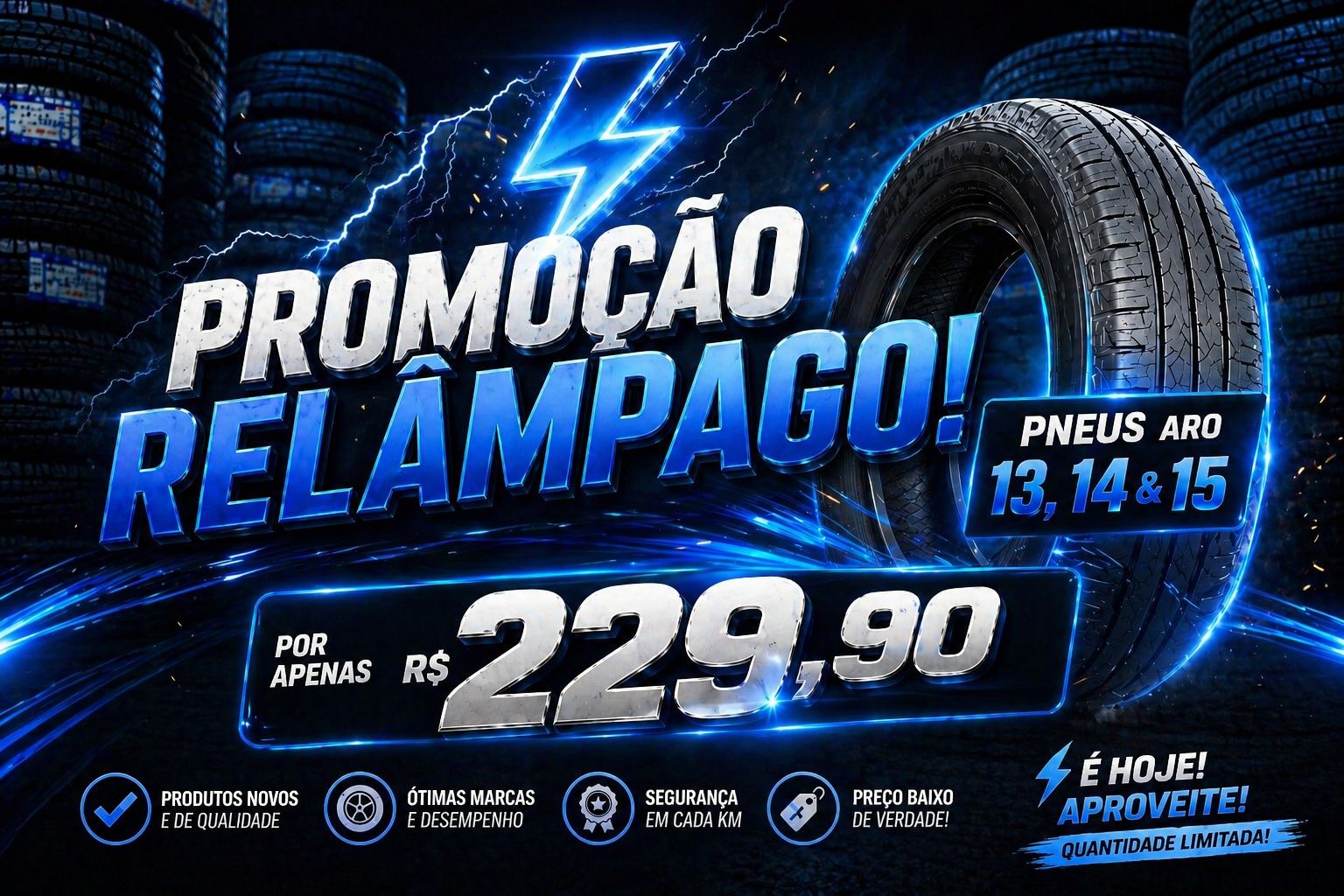 Promoção Relâmpago - Pneus Aro 13, 14 e 15 por apenas R$ 229,90